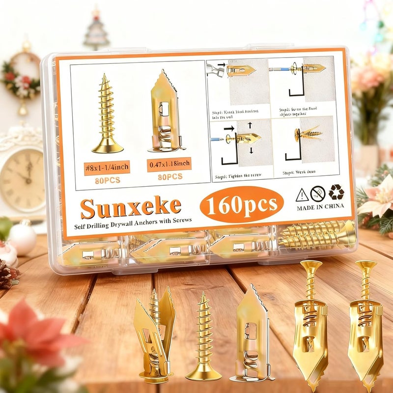 Sunxeke 160Pcs Self Drilling Drywall Anchors for Christmas Decor,80 Sheetrock Anchors & 80 Zinc Expansion Screws,No Drill Needed Wall Anchors with Screws,Hold Up to 66lbs for Picture Frame,Shelves - Image 3